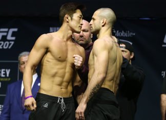 Dong Hyun Kim (Stun Gun) faces off with Tarec Saffiedine prior to UFC Singapore