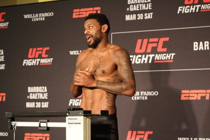 Michael Johnson looked to be in a celebratory mood after making weight at the UFC Philadelphia (UFC on ESPN 2) official weigh-in