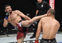 Arman Tsarukyan of Armenia kicks Davi Ramos, UFC Fight Island 2