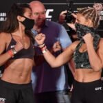 Amanda Ribas of Brazil and Paige VanZant face off during the UFC 251
