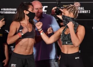 Amanda Ribas of Brazil and Paige VanZant face off during the UFC 251