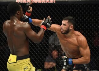 Mounir Lazzez lands a punch on Abdul Razak Alhassan at UFC Fight Island 1