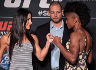 Tecia Torres and Angela Hill ahead of UFC 188. The pair are set for a rematch at UFC 256