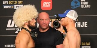 Khabib Nurmagomedov and Justin Gaethje face off following the UFC 254 weigh-in
