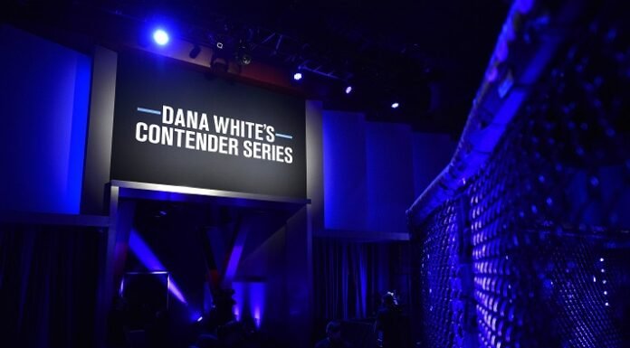 Dana White's Contender Series (DWCS) logo, on screen, UFC Apex