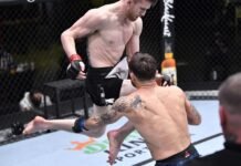 Cory Sandhagen hits Franke Edgar with a flying knee at UFC Vegas 18