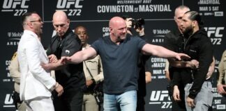 UFC 272 pre-fight press conference featuring Colby Covington, Dana White, and Jorge Masvidal