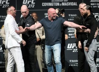 UFC 272 pre-fight press conference featuring Colby Covington, Dana White, and Jorge Masvidal
