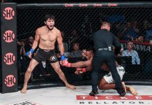 Tofiq Musayev reacts after knocking out Sidney Outlaw, Bellator 283
