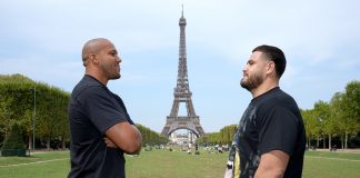 Ciryl Gane and Tai Tuivasa face off in front of the Eiffel Tower ahead of UFC Paris