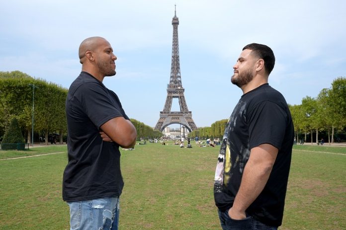 Ciryl Gane and Tai Tuivasa face off in front of the Eiffel Tower ahead of UFC Paris