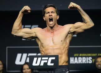 Jake Gyllenhaal shoots a scene for the Road House remake during the UFC 285 weigh-ins