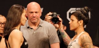 Bruna Brasil and Denise Gomes, UFC Kansas City ceremonial weigh-in