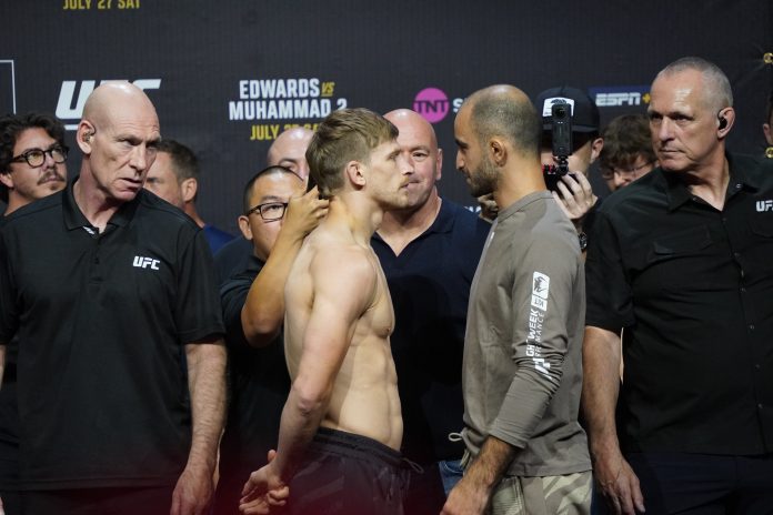 Arnold Allen and Giga Chikadze, UFC 304 ceremonial weigh-in