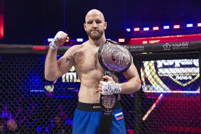 Denis Goltsov following his submission win over Oleg Popov at the PFL Championship 2024 card in Riyadh, Saudi Arabia