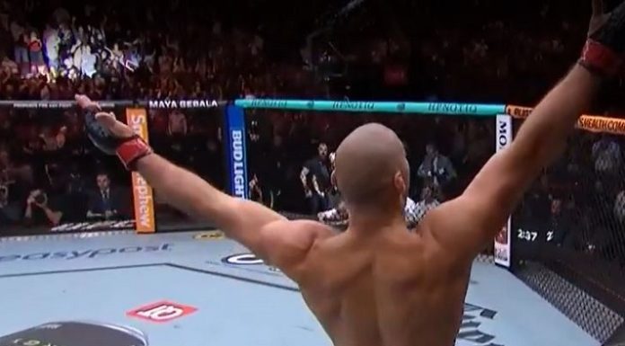 UFC Houston octagon showing Maya Gebala's name