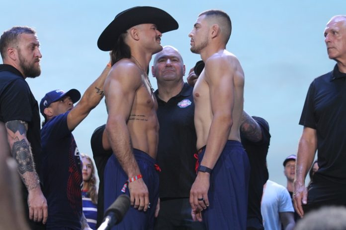 UFC Freedom 250 ceremonial weigh-in 03 Diego Lopes and Steve Garcia, UFC Freedom 250